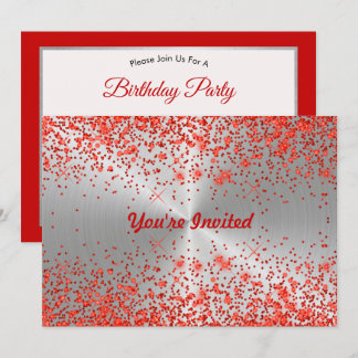 Trendy Silver Metallic Red Glitzer Birthday Einladung