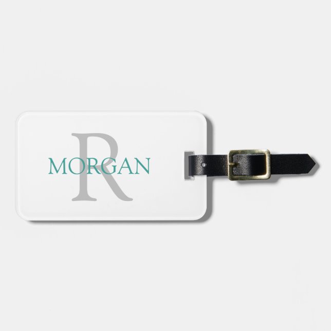 Trendy Simple DIY Monogram und Name, Grau & Aquama Gepäckanhänger (Vorderseite horizontal)