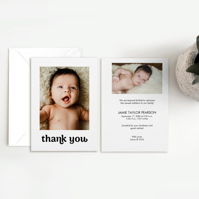 Trendy Simple Modern 2 Baby Fotos Vielen Dank Dankeskarte (Trendy thank you typography baby shower photo card.)