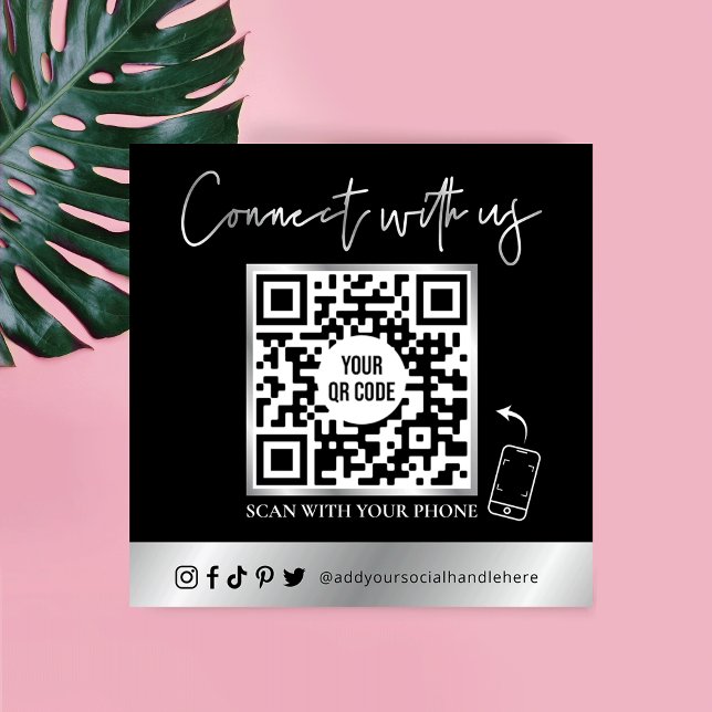 Trendy Simple QR Code Scannable Black & Silver Quadratische Visitenkarte (Von Creator hochgeladen)