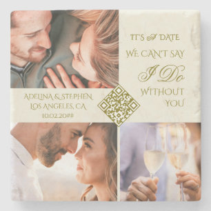 Trendy Simple Three Foto QR CODE Save the Date Steinuntersetzer