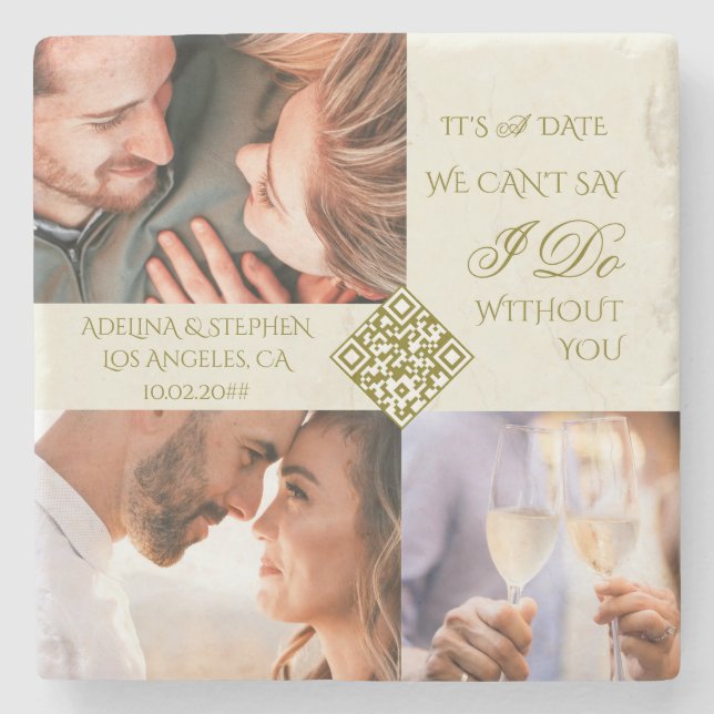 Trendy Simple Three Foto QR CODE Save the Date Steinuntersetzer (Vorderseite)