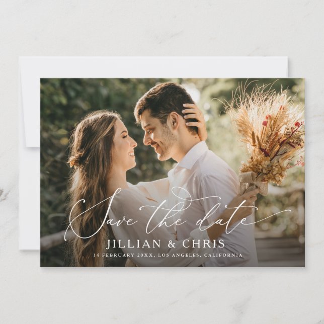 trendy Skript Foto Hochzeit speichern Sie das Datu Einladung (Vorderseite)