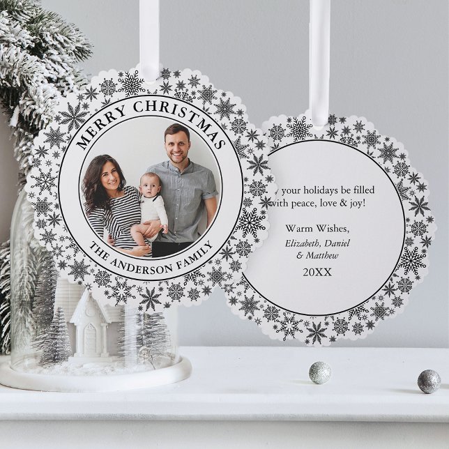 Trendy Snowflakes Schwarz und Weiß Frohe Weihnacht Ornament Karte (A greeting card that is also an ornament! Customize with your photo and personalized text.)