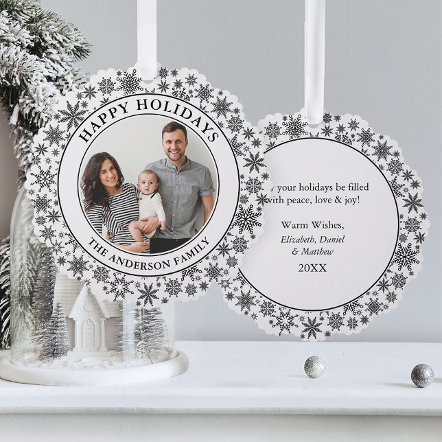 Trendy Snowflakes Schwarz-Weiß glückliche Ferien Ornament Karte (A greeting card that is also an ornament! Customize with your photo and personalized text.)
