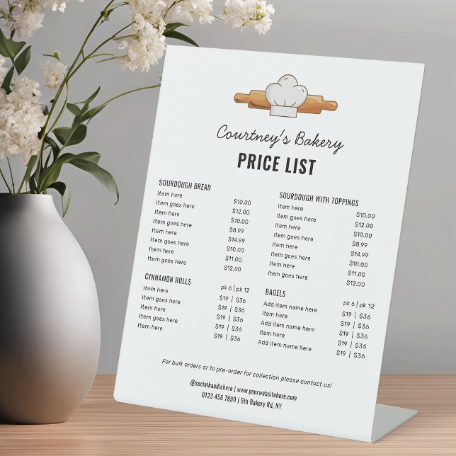 Trendy Sourdough Brot Bakery Price List Menü Sockelschild (Modern simple bread bakery price list menu sign with rolling pin and chef's hat bakery clipart)