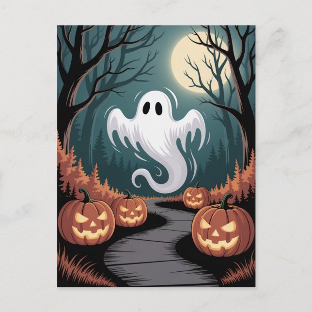 Trendy spooky Halloween Pumpkin Ghost Moon forest  Postkarte (Vorderseite)