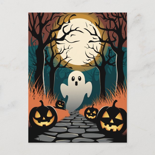 Trendy spooky Halloween Pumpkin Ghost Moon forest  Postkarte (Vorderseite)