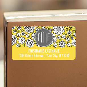 Trendy Spring Floral Illustration grau und gelb Adressaufkleber