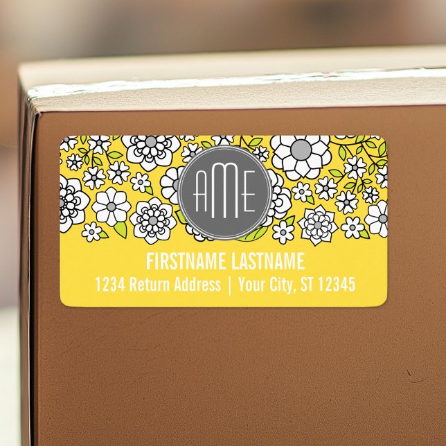 Trendy Spring Floral Illustration grau und gelb Adressaufkleber (Custom Shipping Label with Return Address)