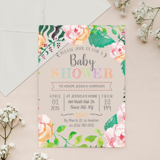 Trendy Spring Floral Typografy Baby Shower Acryleinladungen (Von Creator hochgeladen)