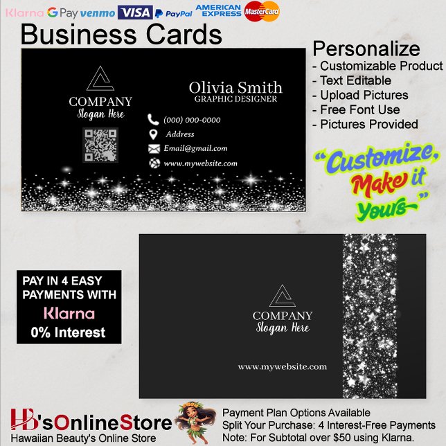 Trendy Stars & Sparkles QR Code Black Networking Visitenkarte (Trendy Stars & Sparkles QR Code Black Networking Business Cards.
)