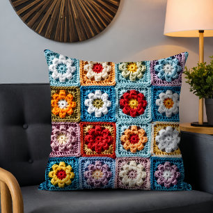Trendy Strick Granny Square Farbenfrohe Blumenmust Kissen