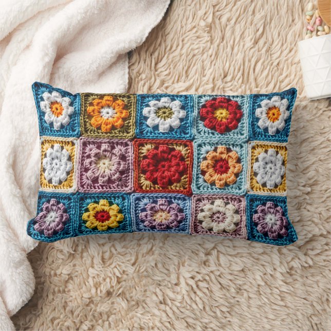 Trendy Strick Granny Square Farbenfrohe Blumenmust Lendenkissen (Decke)