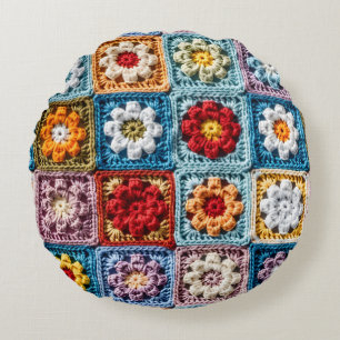 Trendy Strick Granny Square Farbenfrohe Blumenmust Rundes Kissen