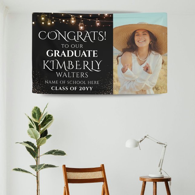 Trendy String Lights Foto Graduation Party Banner (Von Creator hochgeladen)