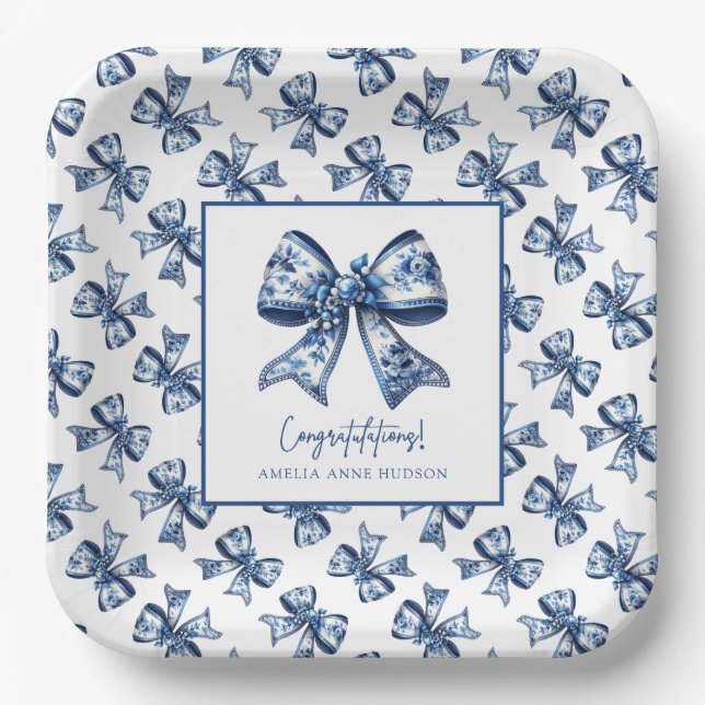 Trendy Stylish Blue Floral Bows Graduation Party Pappteller (Vorderseite)