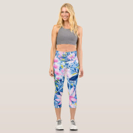 Trendy Stylish Blue Pink Lilly Floral Muster Capri Leggings