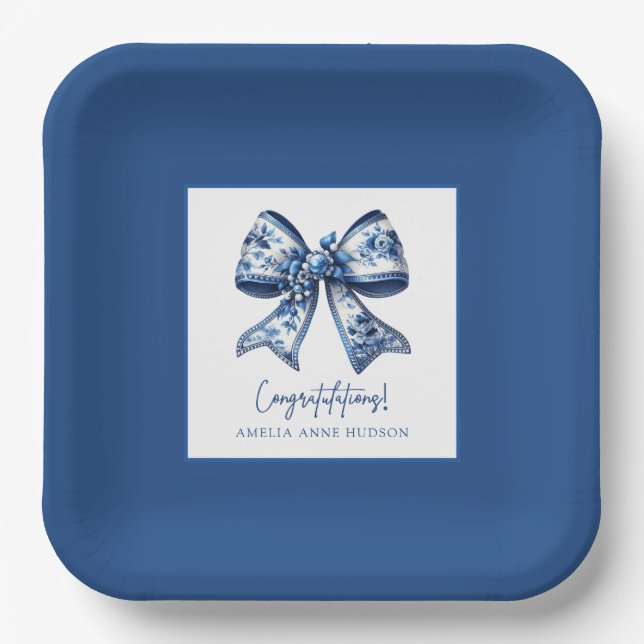 Trendy Stylish Bow Blue Graduation Party Pappteller (Vorderseite)