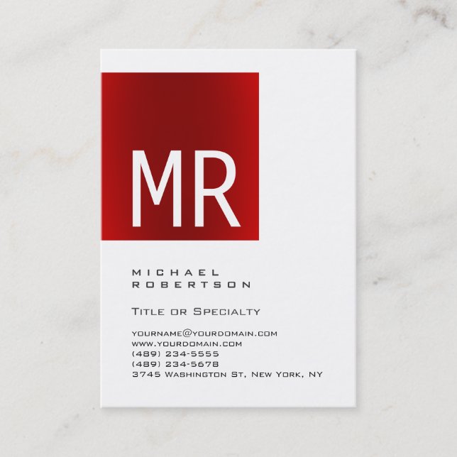 Trendy Stylish Red Monogram White Business Card Visitenkarte (Vorderseite)