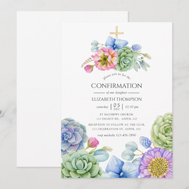 Trendy Succulent Floral Confirmation Einladung (Vorne/Hinten)