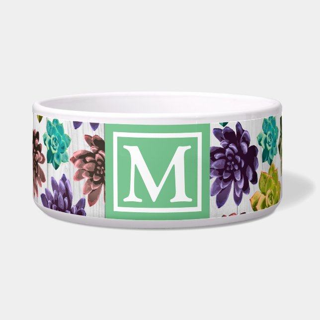 Trendy Succulents & White Wood Planks | Monogramm Napf (Vorderseite)