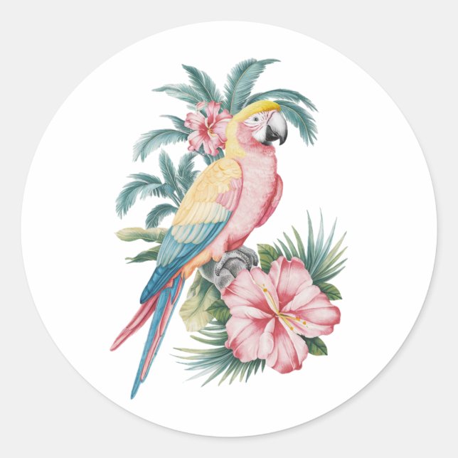 Trendy Summer Beach Parrot und Hibiskus Blume Runder Aufkleber (Vorderseite)