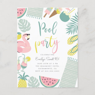 Trendy Summer Pool Party Script Sweet 16 Birthday Einladungspostkarte