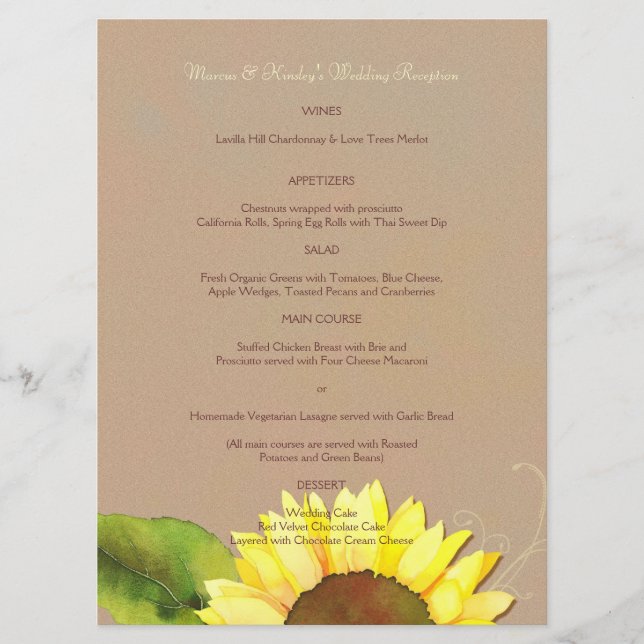 Trendy Sunflower Reception Dinner Menu Menükarte (Vorderseite)