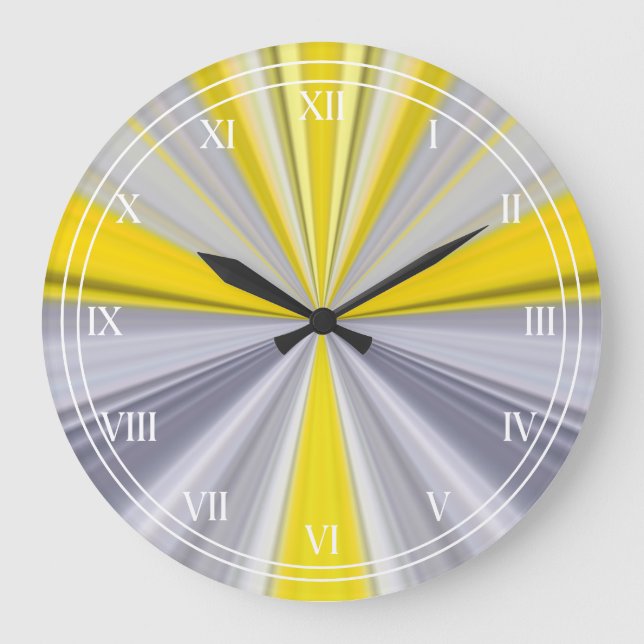 Trendy Sunny Yellow Grey Comical Strip Moderne Große Wanduhr (Vorderseite)
