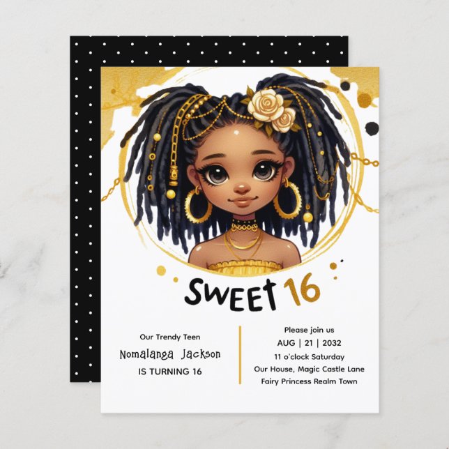 Trendy Sweet 16 Black Teen Birthday Black Gold (Vorne/Hinten)