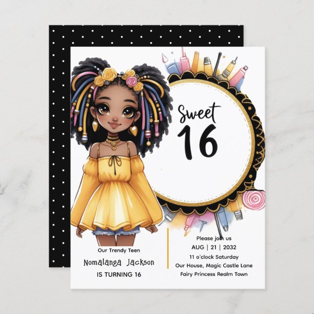 Trendy Sweet 16 Black Teen Birthday Black Gold (Vorne/Hinten)