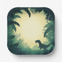 Trendy T-Rex Dinosaur Silhouette Paper Plate Green