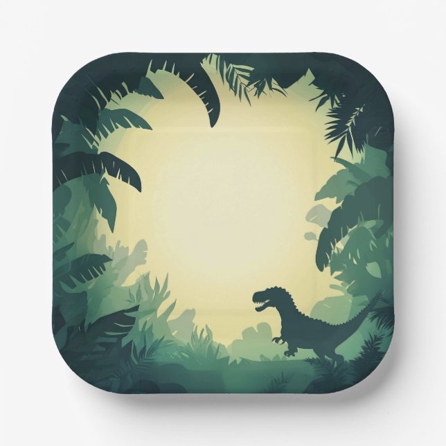 Trendy T-Rex Dinosaur Silhouette Paper Plate Green Pappteller (Vorderseite)