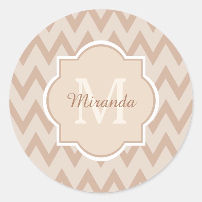 Trendy Tan Brown Zickzack Zigzag Name und Monogram Runder Aufkleber (Vorderseite)