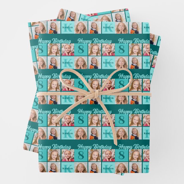 Trendy Teal Birthday Party Custom Photo Collage Geschenkpapier Set (Beispiel)