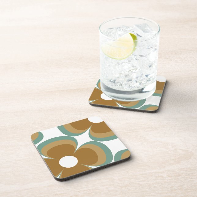 Trendy Teal Caramel Retro Groovy Flowers Seamless Getränkeuntersetzer (Rechte Seite)