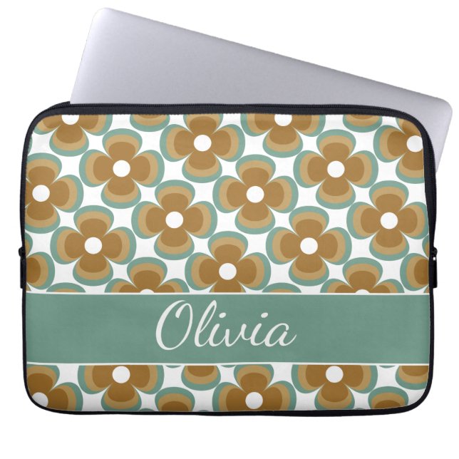 Trendy Teal Caramel Retro Groovy Flowers Seamless Laptopschutzhülle (Vorderseite)