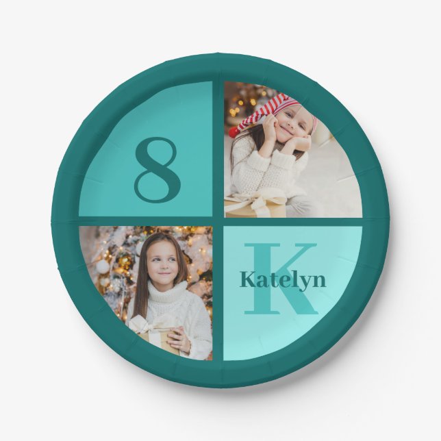 Trendy Teal Photo Collage Custom Birthday Party Pappteller (Vorderseite)