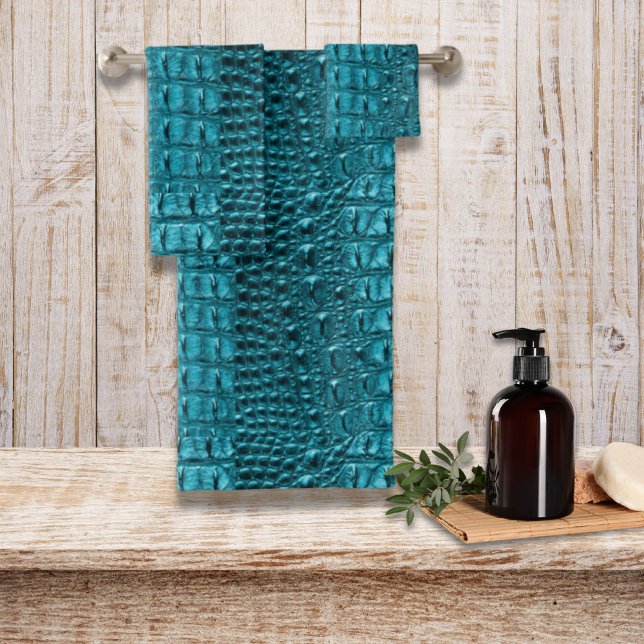 trendy teal turquoise aqua blue alligator print badhandtuch set (trendy teal turquoise aqua blue alligator print bath towel set)