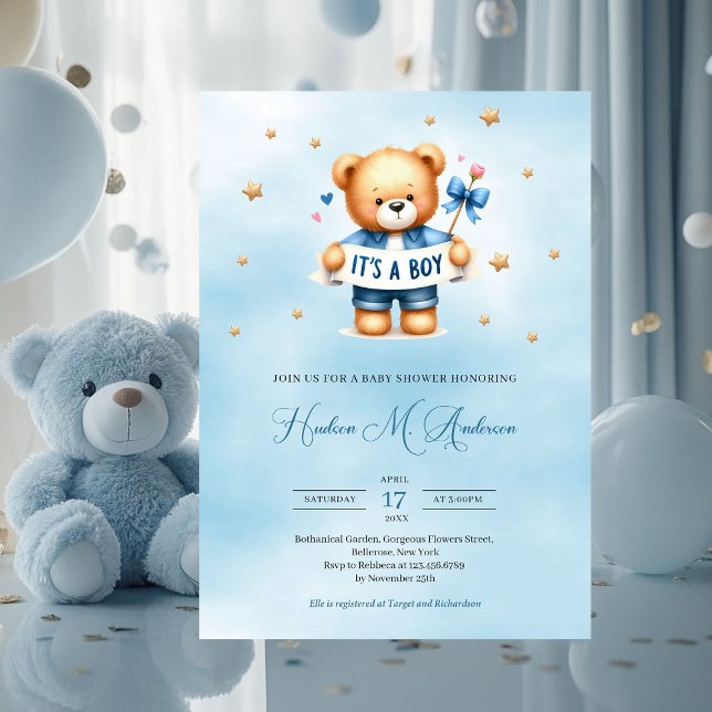 Trendy Teddy Bär, ein Baby Dusche Einladung (it's a boy cute teddy bear baby shower invitation)