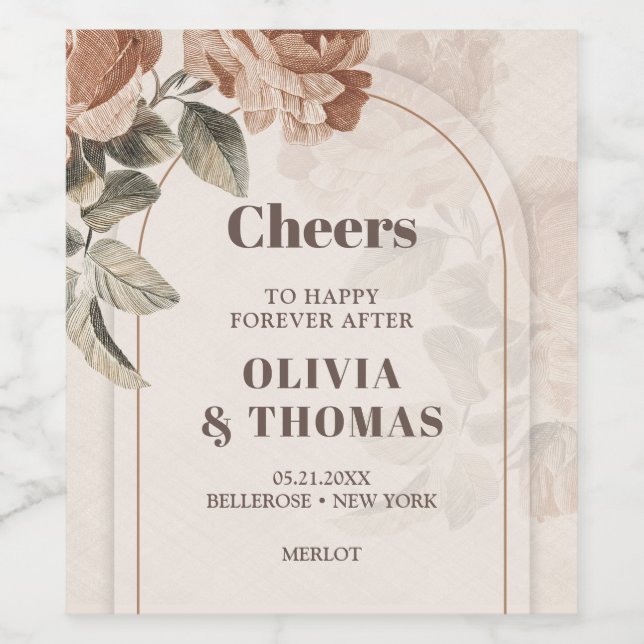 Trendy Terracotta Blume Salbeibraun Farbbogen Weinetikett (Einzelnes Label)