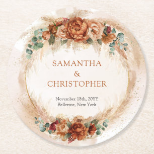 Trendy Terracotta burgundy Blume Grünbogen Runder Pappuntersetzer