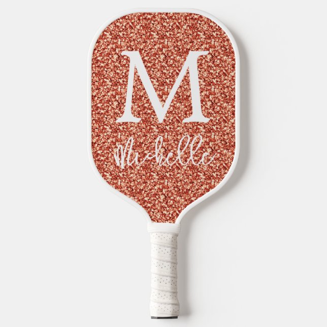 Trendy Terracotta Glitzer Monogram, Initialname Pickleball Schläger (Vorderseite)