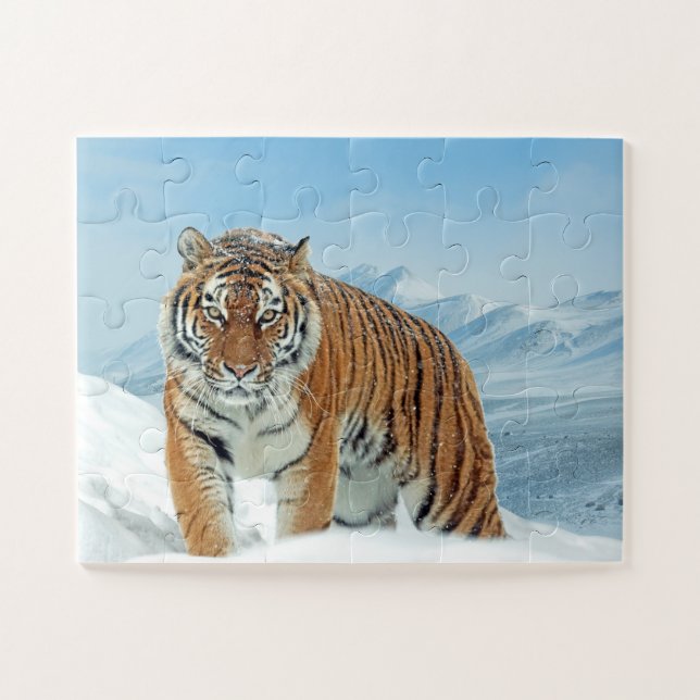 Trendy Tiger Snow Mountains Tierisches Foto Winter Puzzle (Horizontal)
