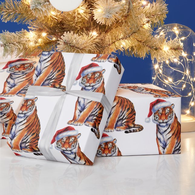 Trendy Tiger with Santa Hat Christmas Geschenkpapier (Feiertage)