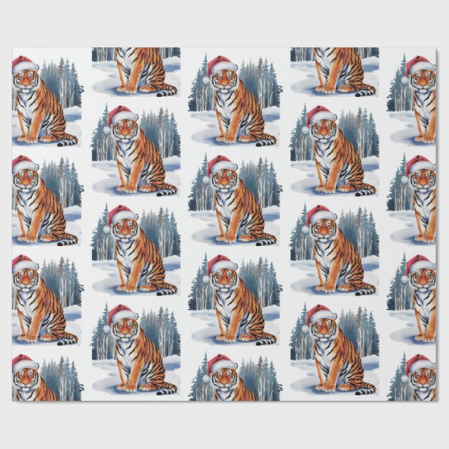 Trendy Tiger with Santa Hat Christmas Geschenkpapier (Flach)
