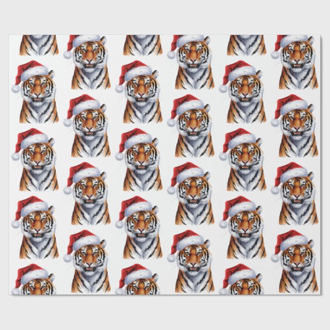Trendy Tiger with Santa Hat Christmas Green        Geschenkpapier (Flach)
