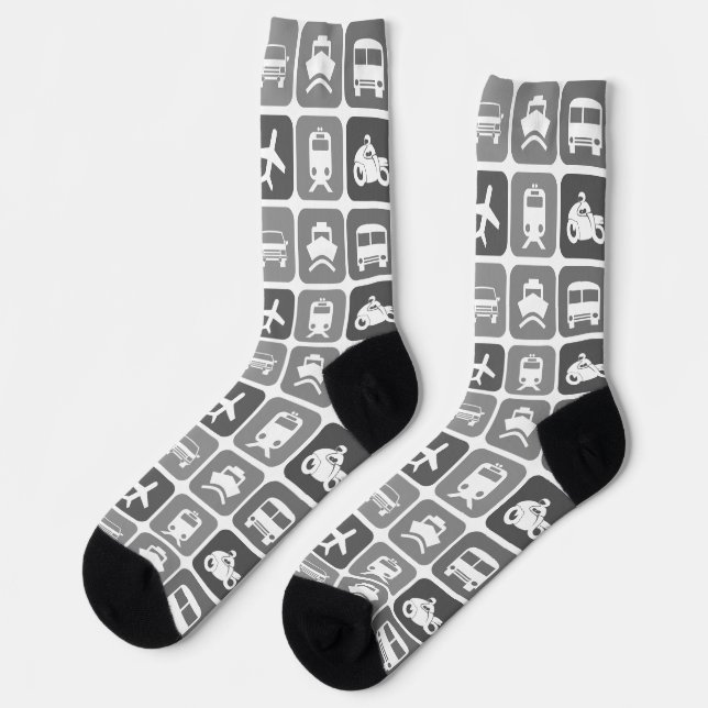 Trendy Travel Icons Black and White Pattern Socken (Linkes Detail)