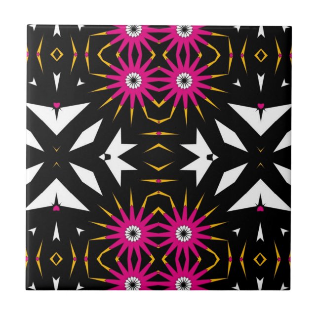 Trendy Tribal Abstrakt Black & Pink Geometric Fliese (Vorderseite)